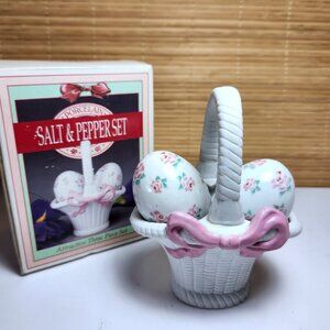 Porcelain Salt and Pepper Set Eggs in a Basket Roses & Ribbon Three Piece in Box